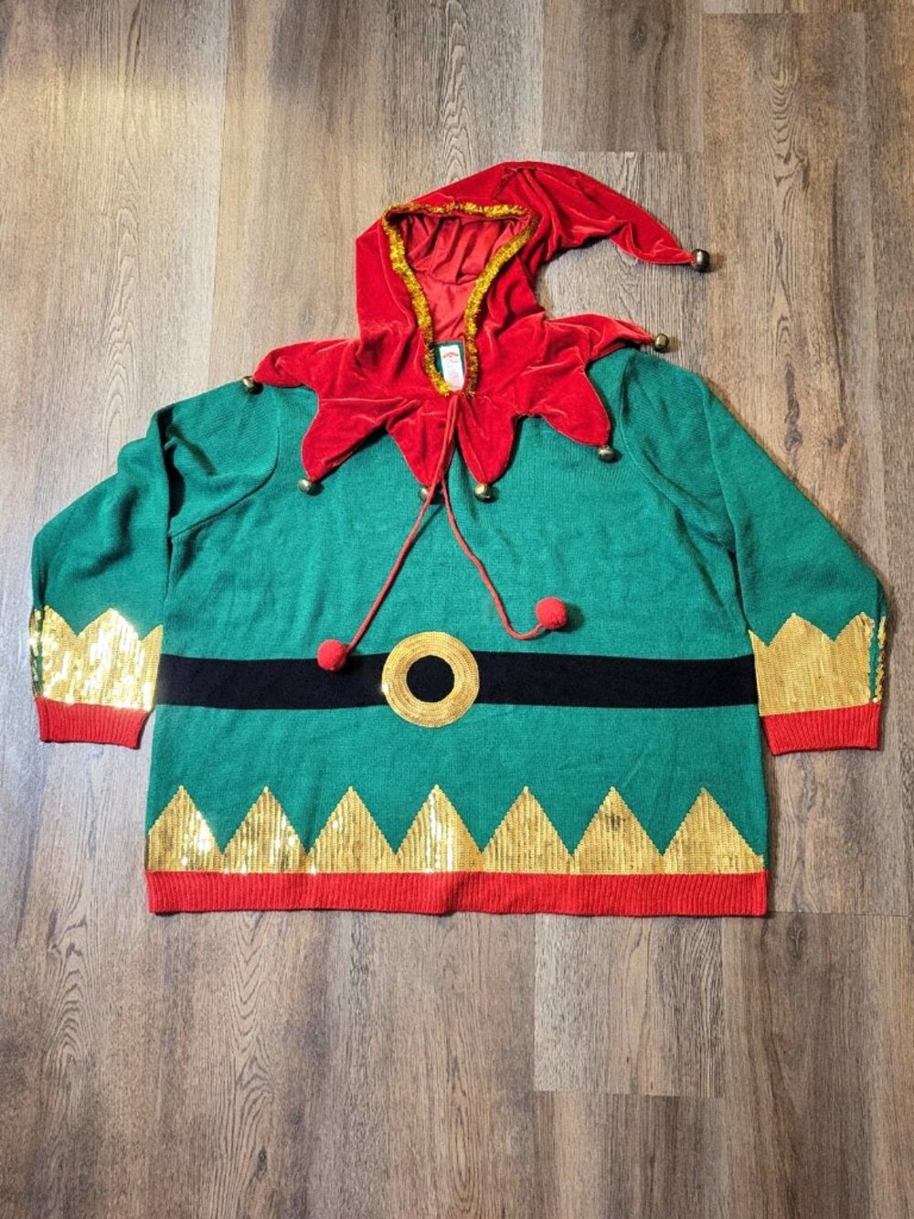 Hooded Elf Christmas Ugly Sweater Women's 3X Holiday Time Hoodie Bells Sequins